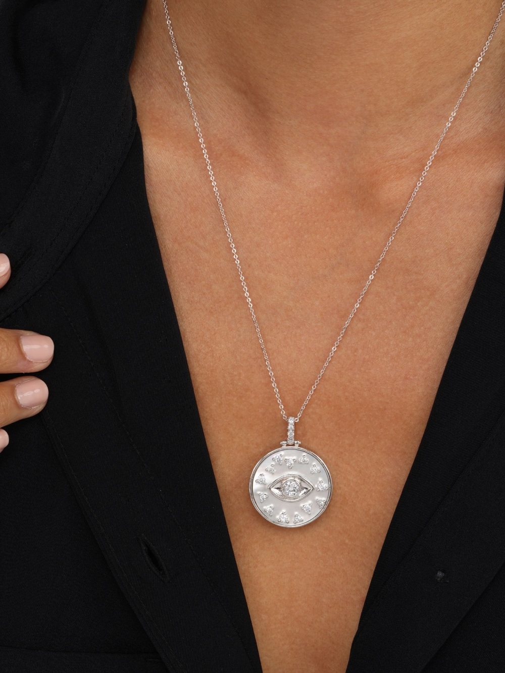 Melinda Maria Silver Evil Eye Disc Medallion Necklace NEW - Picture 2 of 8